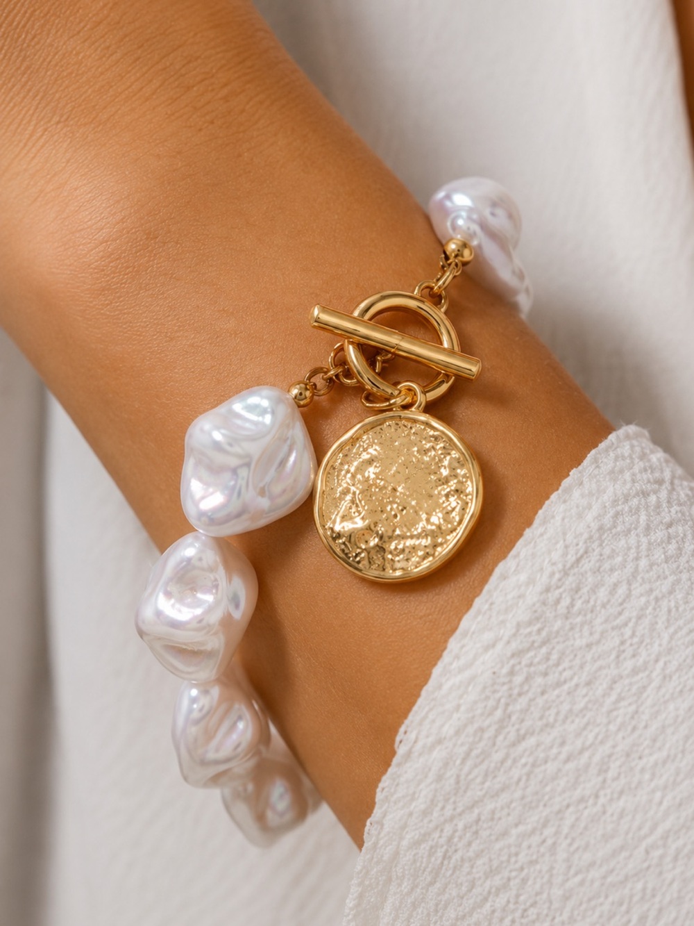 Baroque Freshwater Pearl Coin Charm Toggle Bracelet Gold Chunky Statement lux